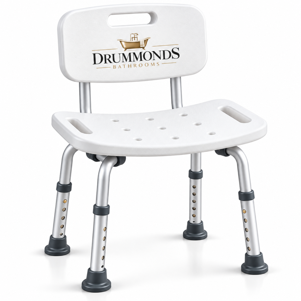 Drummonds Adjustable Shower Chair White Adjustable Bathroom Shower Seat for Safe Bathing - Image 1